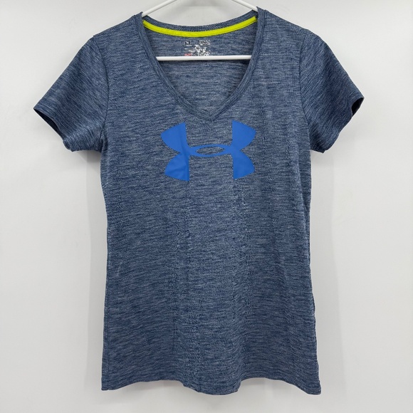 Under Armour Top Women Small Blue Short Sleeve Heatgear V Neck Logo Performance - Picture 1 of 9